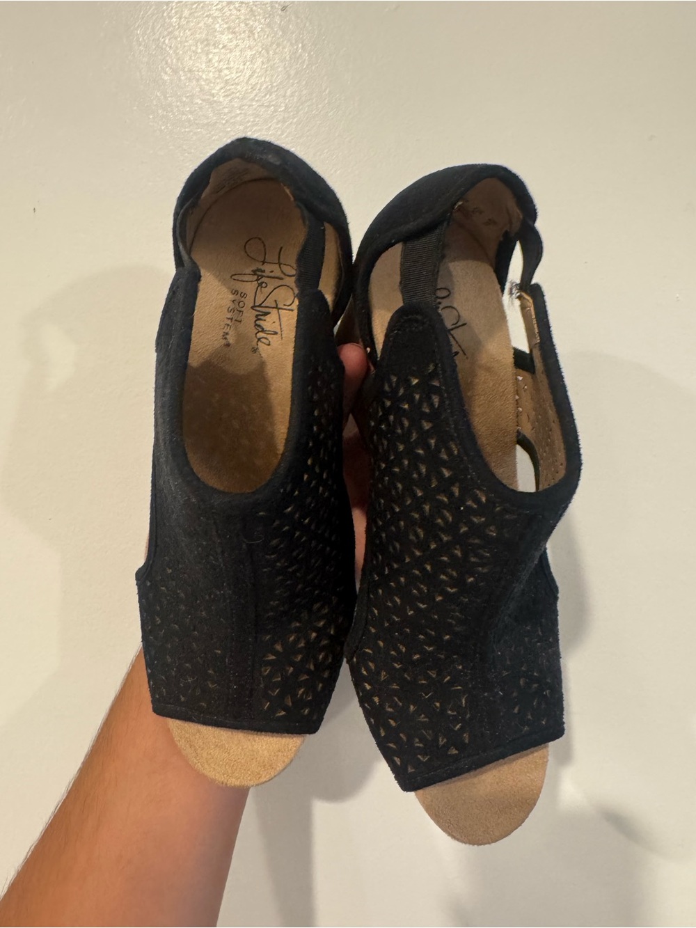 Life Stride Black Laser Cut Peep Toe Slingback Mules Dress Shoes Size 5